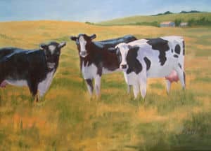 Oil painting by Ellen Lorne — Black and White Cows