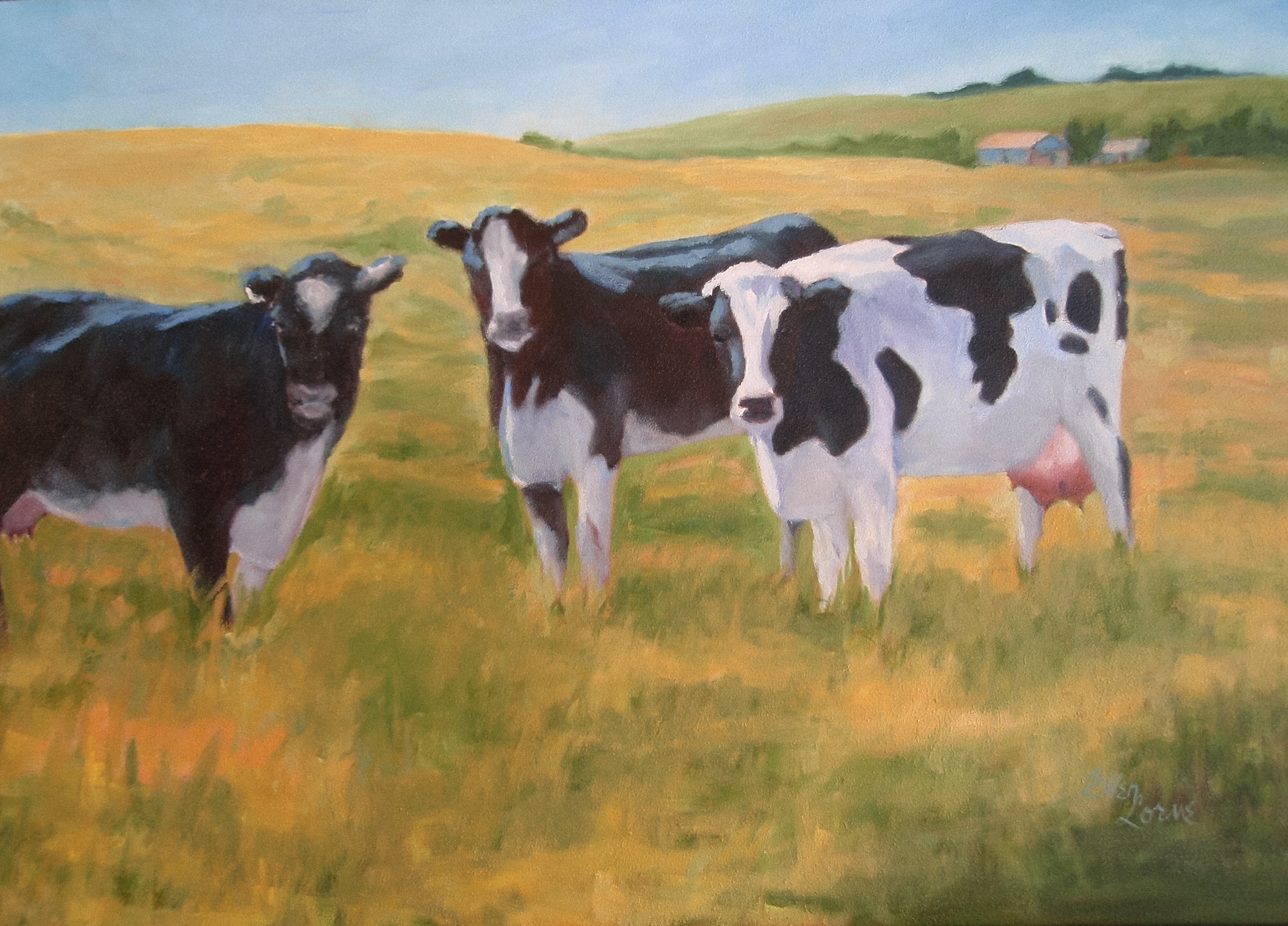 Oil painting by Ellen Lorne — Black and White Cows