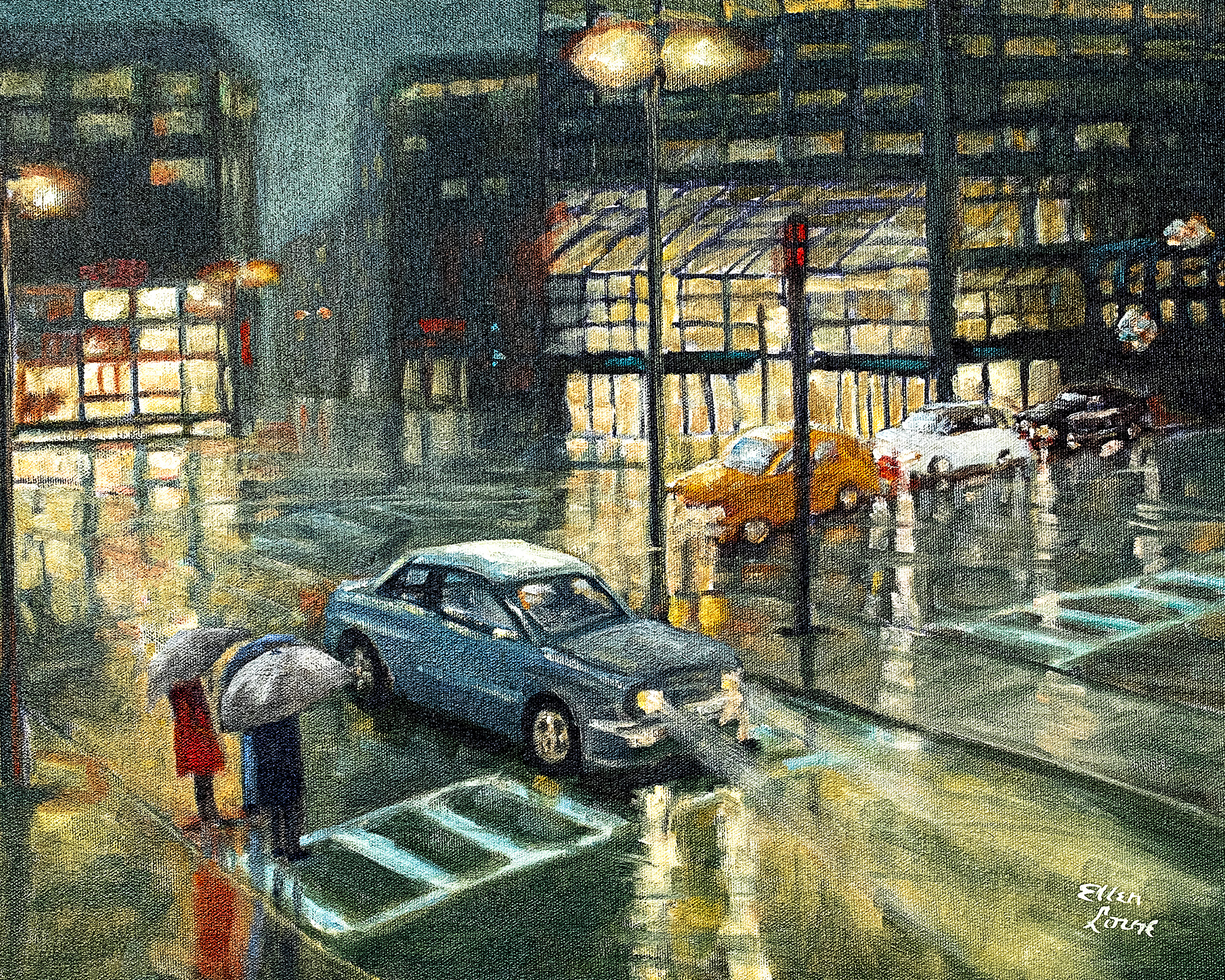 Oil painting by Ellen Lorne — Rainy Rainy Night