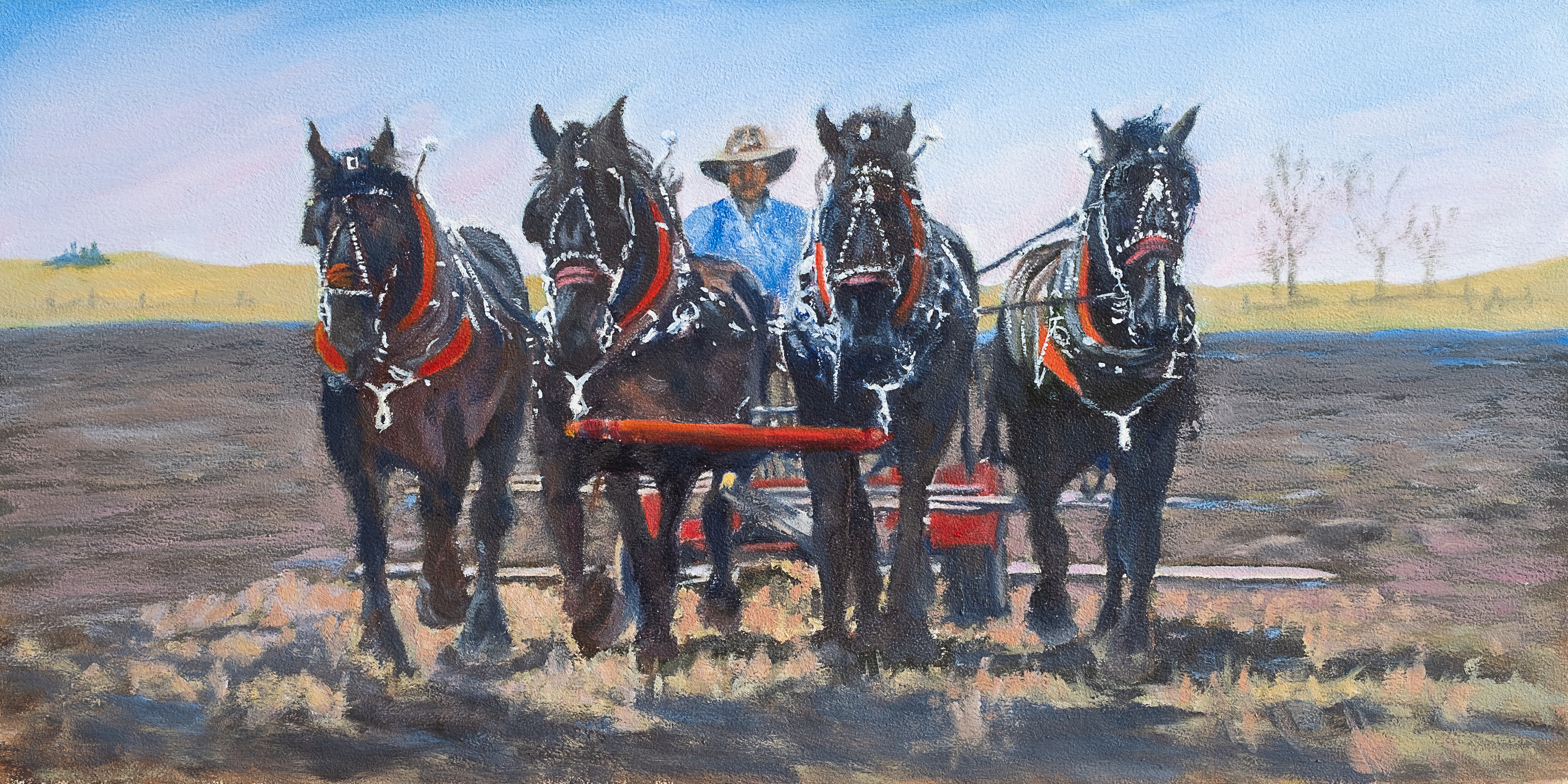 Oil painting by Ellen Lorne — Spring with Black Percherons